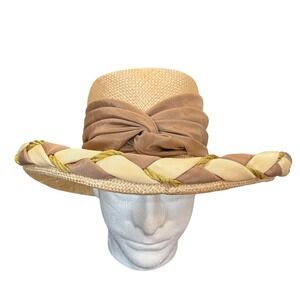 Whittall & Shon Vintage Straw Sun Hat Braided Gold Trim Wide Brim Made in USA